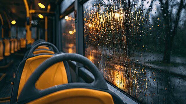 Rainy day view from inside a bus, with glowing lights outside