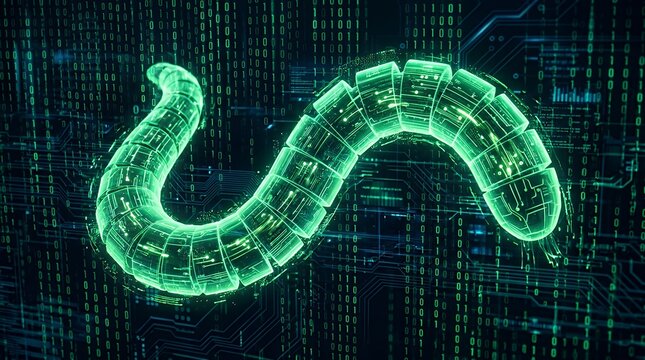 Futuristic digital representation of a segmented worm organism rendered in glowing green against a complex matrix of binary code. Cyberpunk aesthetic combining biological form with computer