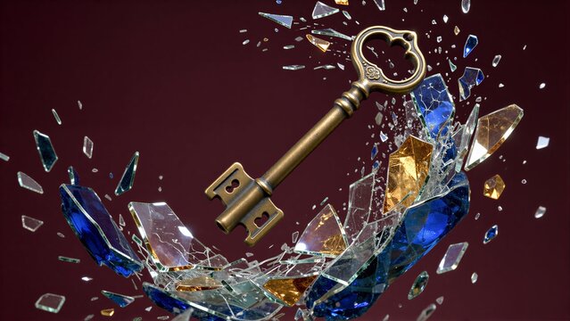 Ancient key bursts through shattered glass, symbolizing unlocking secrets or new beginnings.