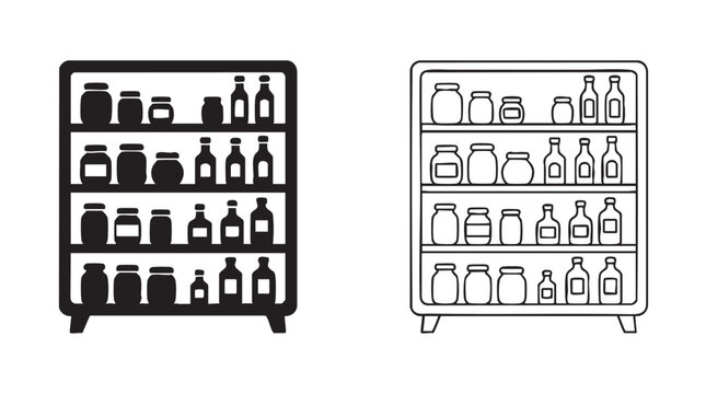 pantry shelves with jars and bottles black silhouette and outline art vector icon