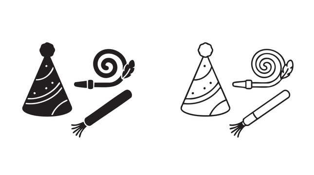 party hats and noise makers black silhouette and outline art vector icon design