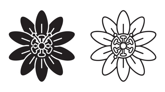 passionflower black silhouette and outline art vector icon design