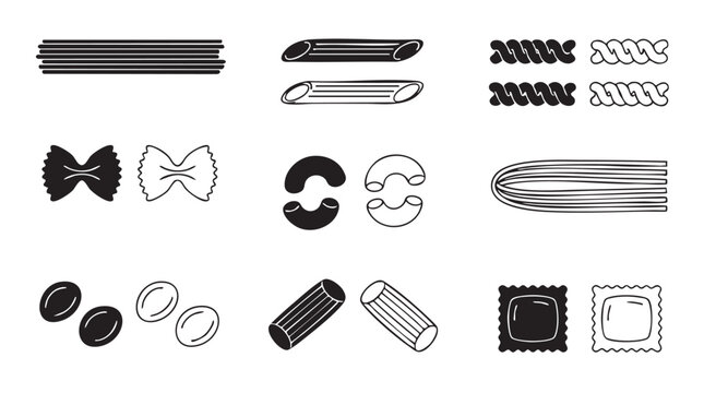 pasta collection black silhouette and outline art vector icon set