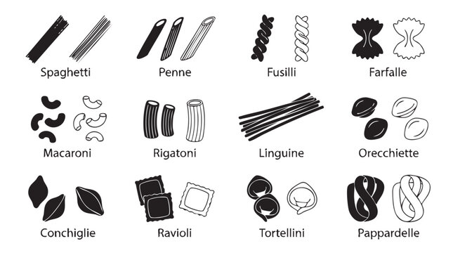 pasta types black silhouette outline art vector icon collection black silhouette black silhouette and outline art vector icon