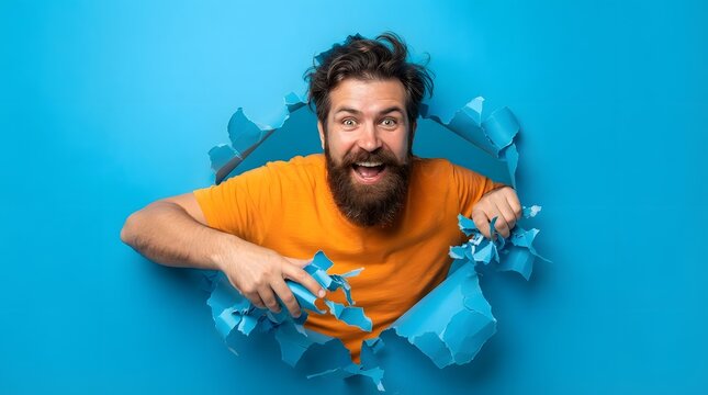 Excited bearded man bursting through a blue paper background with a joyful expression and energetic pose