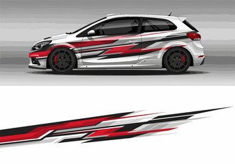 Fototapeta premium White hatchback car with dynamic red and black racing decals