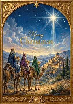 Renaissance oil painting of the Three Wise Men on camels following the Star of Bethlehem to the holy city at night