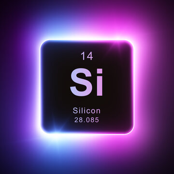 Silicon element colorful neon glowing icon lens flare, periodic table
