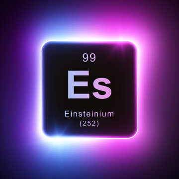Einsteinium element colorful neon glowing icon lens flare, periodic table.