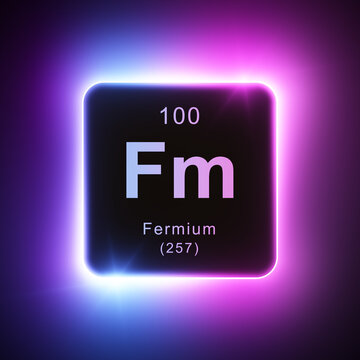 Fermium element colorful neon glowing icon lens flare, periodic table.