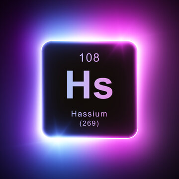 Hassium element colorful neon glowing icon lens flare, periodic table.
