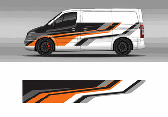 Fototapeta premium White van with dynamic orange and black racing stripes