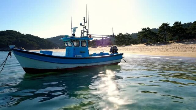 Tranquil view of a fishing boat gently bobbing in the water near a sandy beach with the sun shining on a clear day