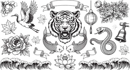 Naklejka premium Traditional japanese style tattoo flash set with tiger head, koi fish, crane, lotus, chrysanthemum, and waves on white background