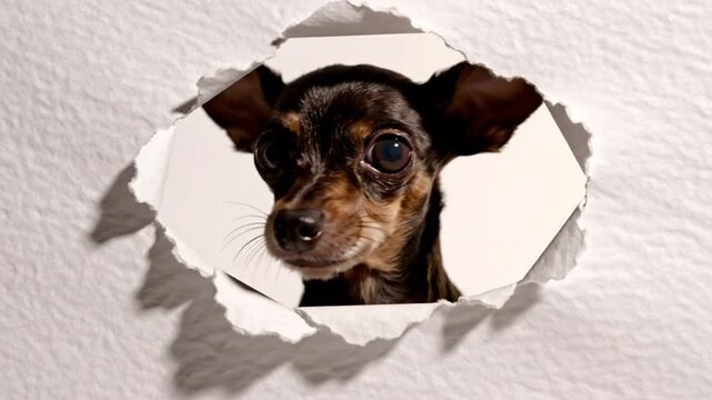 Curious miniature pinscher dog peeking through a torn hole in white paper looking directly into the camera