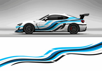 Obraz premium White sports car with blue racing stripes and spoiler
