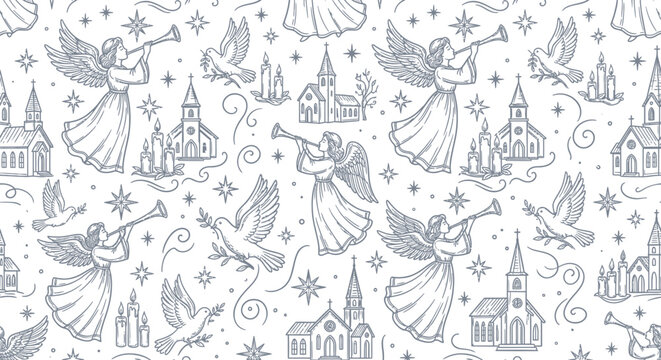 Angel blowing trumpet, dove, church, candle pattern