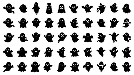 Fototapeta premium Ghosts in Various Styles and Poses on a White Background Featuring Ghost, Spooky, Halloween with Black and Silhouette Elements