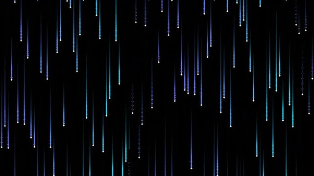 Colorful neon light streaks raining against black background.