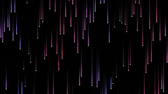 Neon light trails falling across black background abstract particle rain.
