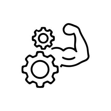 Bicep muscle icon with mechanical gears representing strength and engineering performance
