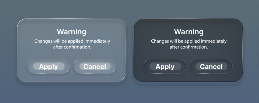 Modern Glassmorphism Warning Dialog UI Popup with Apply and Cancel Buttons, Light and Dark Theme Confirmation Window Mockup Vector Set