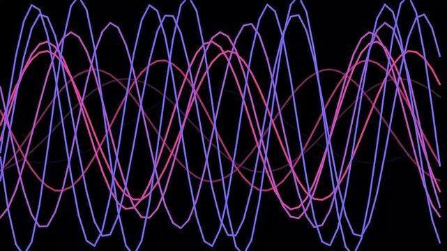 Colorful oscillating sine wave lines on black.