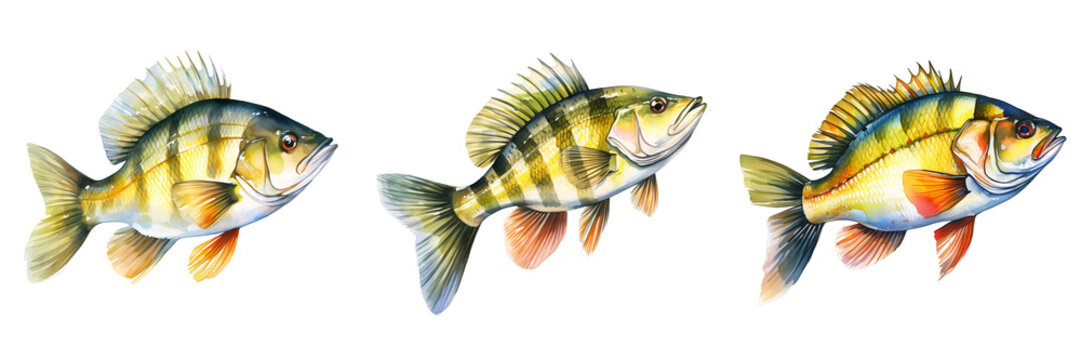 Three yellow perch fishes are depicted on a dark background in watercolor style illustration
