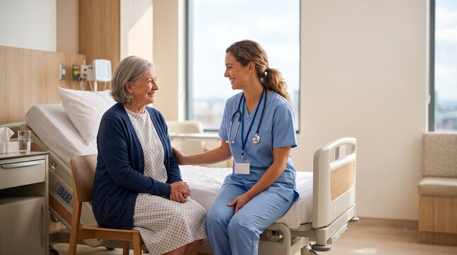 Nurse smiling while having a warm conversation with a patient in a modern hospital; a positive and humanized atmosphere.