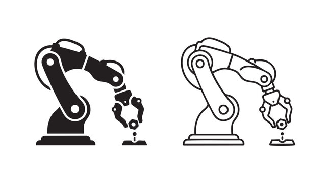 robot arm performing precise task black silhouette and outline art vector icon