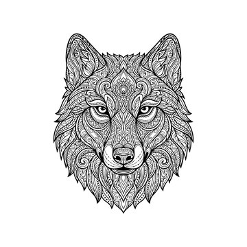 Intricate mandala wolf head vector, ornate tribal animal portrait for coloring book, black and white zentangle wolf illustration for tattoo design