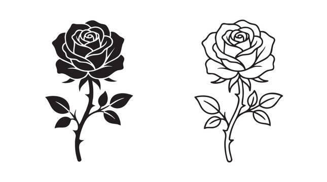 rose with thorns black silhouette outline art vector icon design black silhouette black silhouette and outline art vector icon