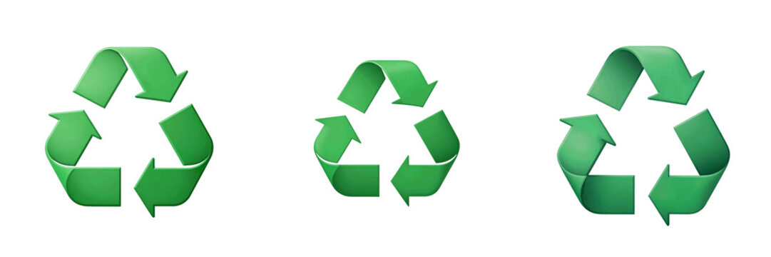 Row of recycle logos with green arrows isolated on a black background