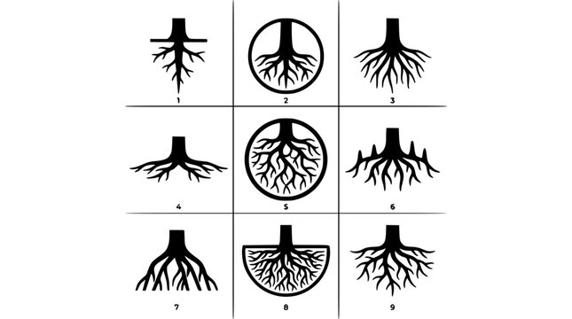 Roots of Plants with Different Root Systems in a 3x3 Grid Illustration Featuring Vector, Minimalist, Botanical with Nature