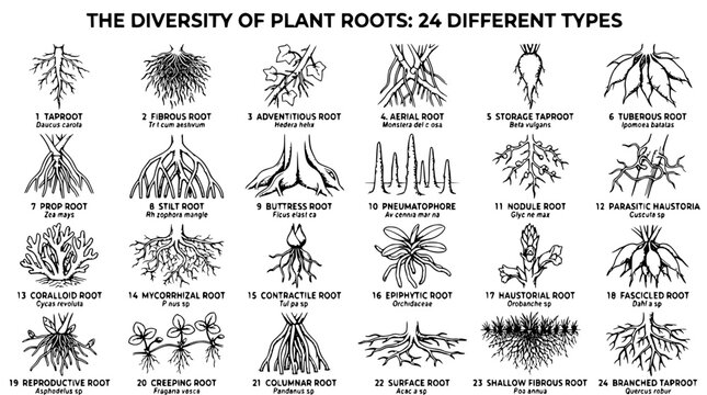 Roots Illustration Showcasing 24 Different Types of Plant Roots with Detailed Line Drawings and Labels