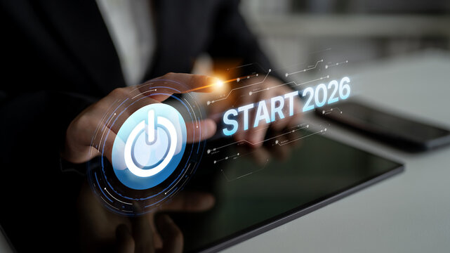 Start 2025 concept with futuristic power button symbolizing fresh beginnings, innovation, and digital transformation. Start 2025, new goals, and start 2025 initiative. Spline