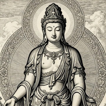 Black White Line Engraving Guanyin Bodhisattva Traditional Religious Fine Line Art