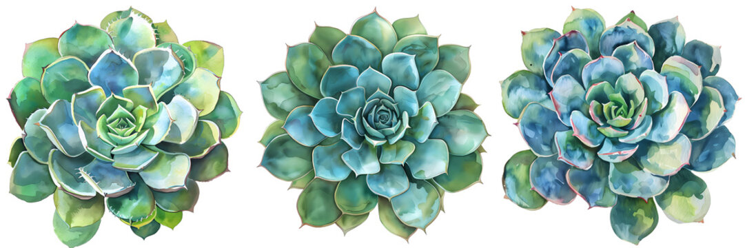 Watercolor succulents in green and blue create a botanical display on black background
