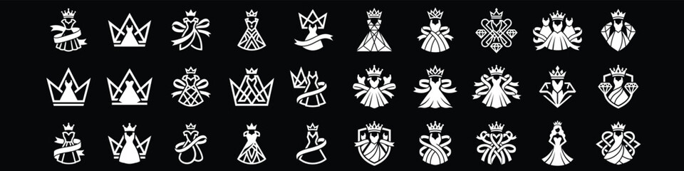 Fototapeta premium A collection of elegant dress and crown icons on black background