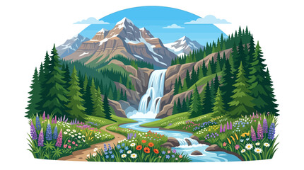 Fototapeta premium Vibrant mountain landscape with waterfall, forest, and wildflower meadow