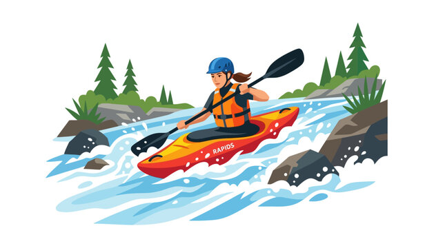 Woman kayaking through exciting river rapids