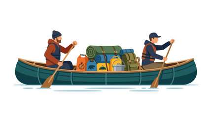 Two men paddling a canoe fully loaded with outdoor camping gear on water, vector illustration. © Mbah
