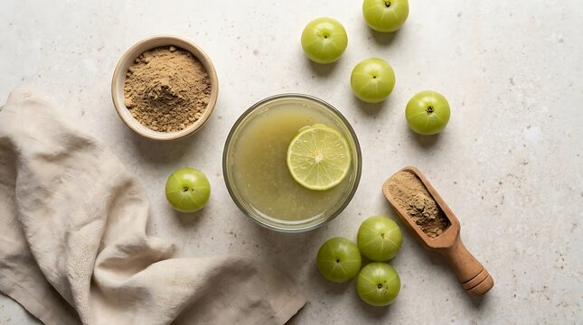 Fresh amla juice in a glass with raw indian gooseberry fruits and powder on a rustic table top. Amla powder drink
