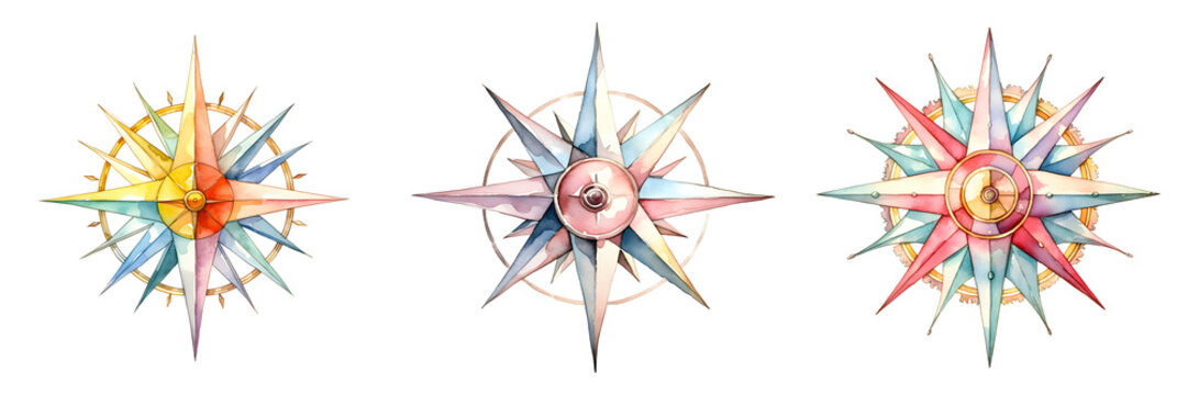 Watercolor compass roses in a variety of pastel hues create a visually appealing composition