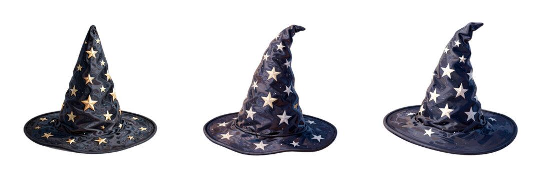 Three wizards hats with stars in a row against a black background