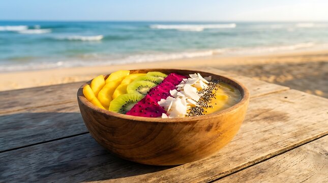 Fresh tropical smoothie bowl with dragon fruit and mango served on a wooden table by the ocean. beachside bowl