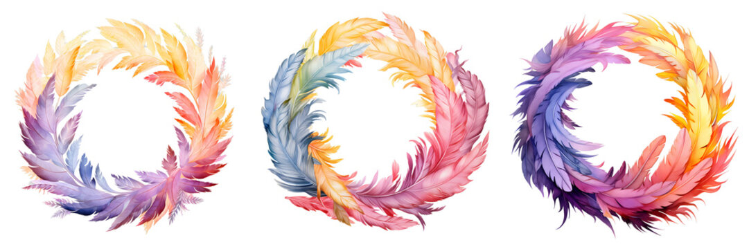 Colorful feather circle set against black background in various hues