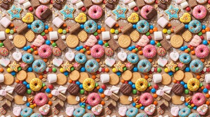 Fototapeta premium Sweet Snack Seamless Pattern Background with Cookies Donuts Marshmallows Chocolate and Biscuits