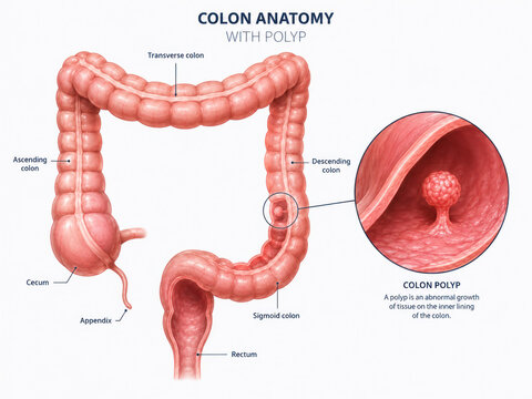 Colon Anatomy with Polyp Medical Illustration and Labeled Large Intestine Diagram