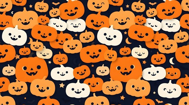 Seamless pattern with cute cartoon pumpkins for halloween background design in orange and white colors